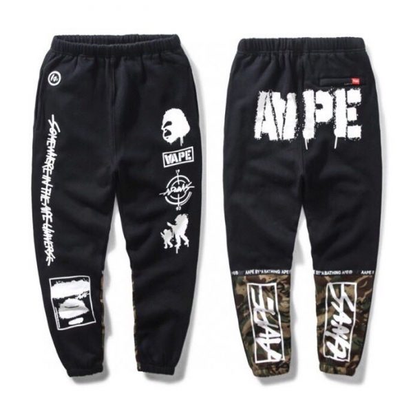 AApe Monkey Printing Letter Logo Print Black Pants