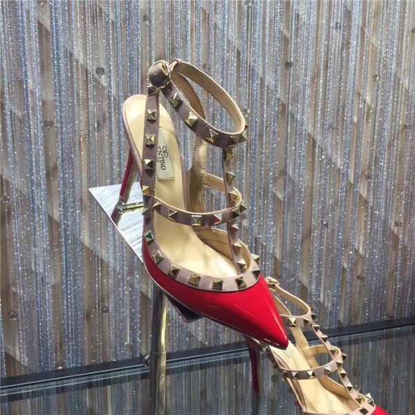 Valentino Women's Red Rockstud Leather Caged Heel Pumps